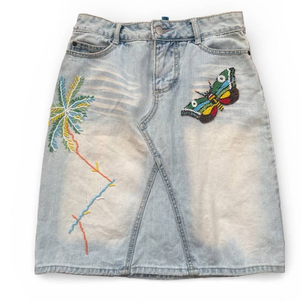 Vtg Dollhouse Jean Skirt Embroidered Denim with beaded Butterfly Palmtree Design